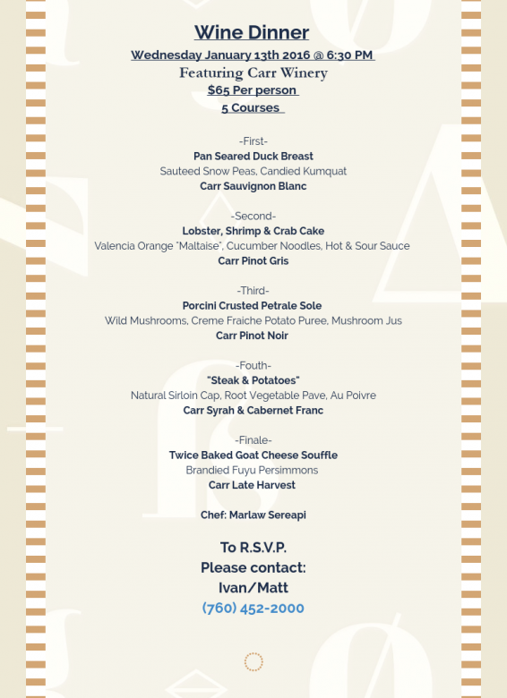 Winemaker dinner at Craftsman Tavern - January 13, 2016, 6:30 pm